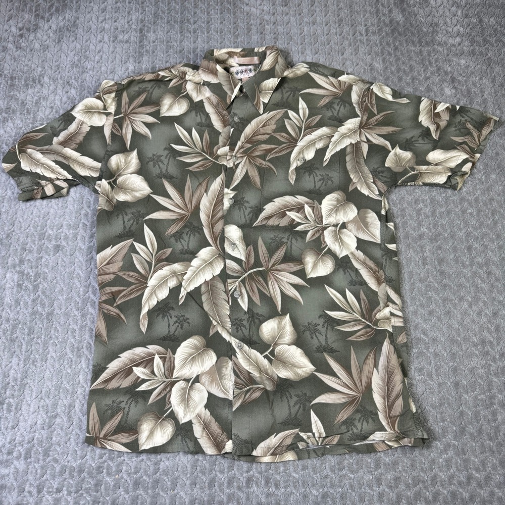 Campia Moda Mens Olive Green Beige Tropical Leaf Palm Tree Short Sleeve Shirt M